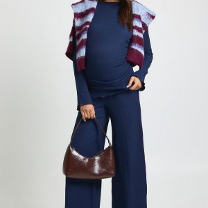 Maternity Textured Long Sleeve Lettuce Hem Top & Trouser Co Ord