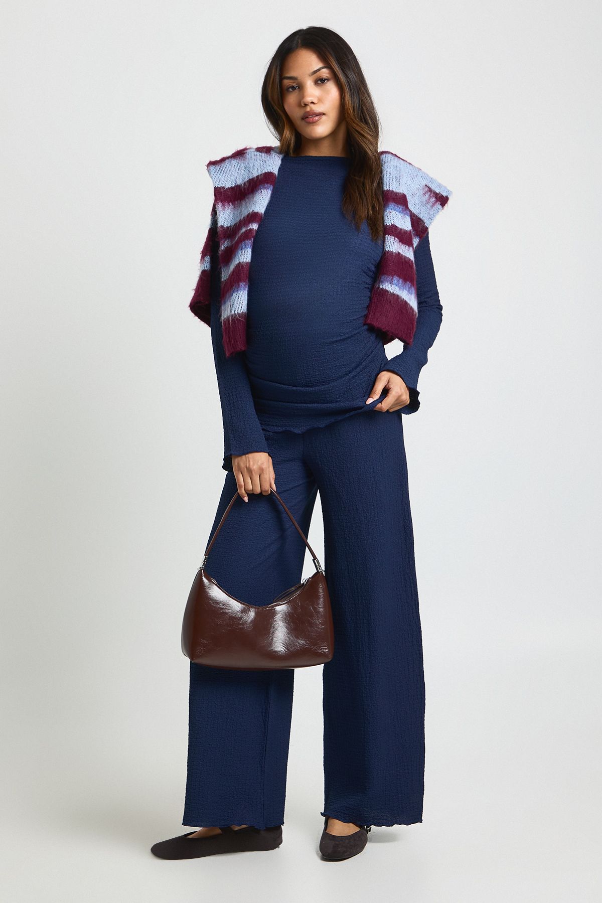 Maternity Textured Long Sleeve Lettuce Hem Top & Trouser Co Ord