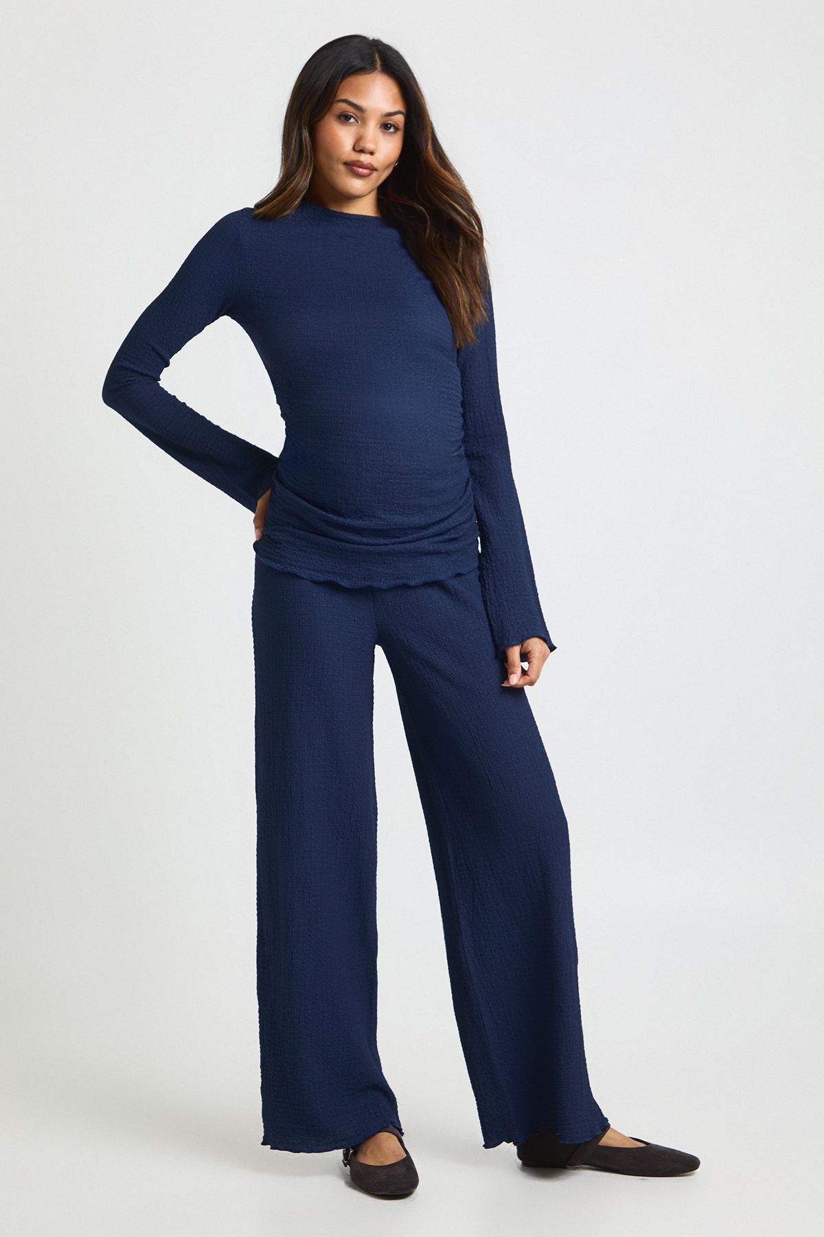 Maternity Textured Long Sleeve Lettuce Hem Top & Trouser Co Ord - Image 3