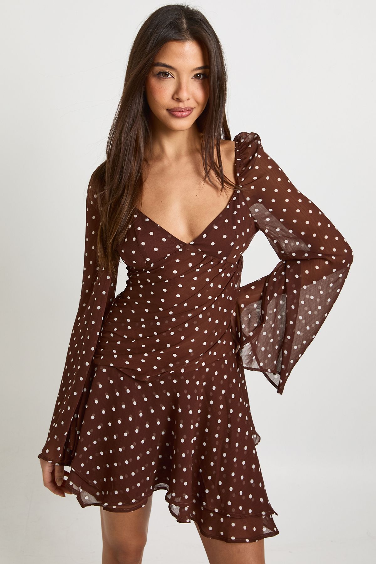 Polka Dot Ruched Sweetheart Pleated Skater Dress