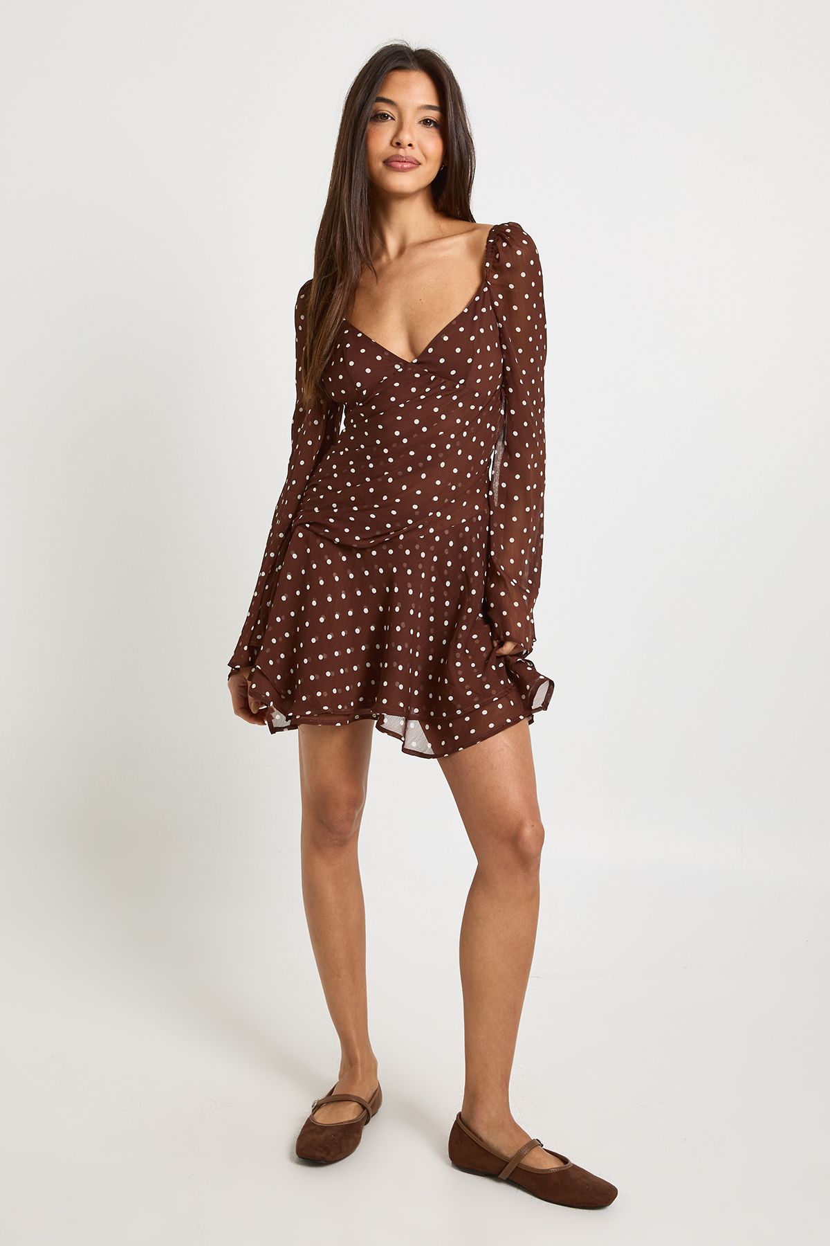 Polka Dot Ruched Sweetheart Pleated Skater Dress - Image 3