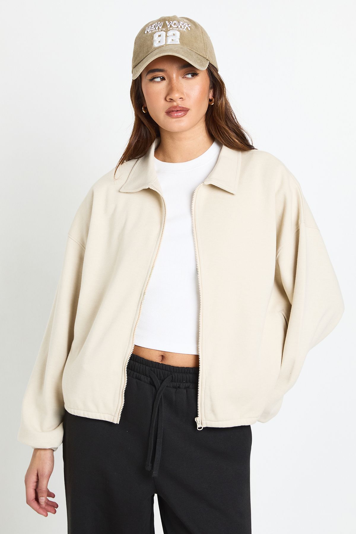 Interlock Bubble Hem Zip Through Bomber Sweatshirt