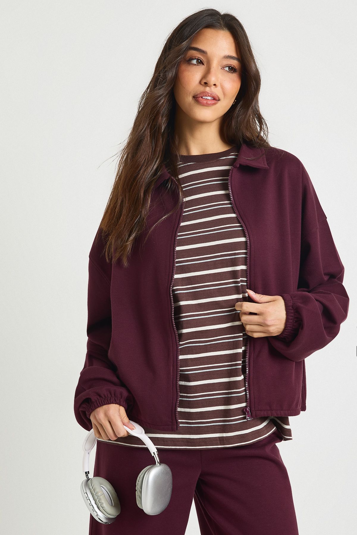 Interlock Bubble Hem Zip Through Bomber Sweatshirt