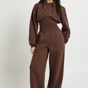 Cinched Waist Zip Through Cropped Hoodie Tracksuit