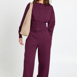 Cinched Waist Button Through Sweatshirt Tracksuit