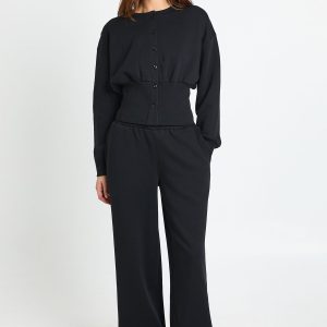 Cinched Waist Button Through Sweatshirt Tracksuit