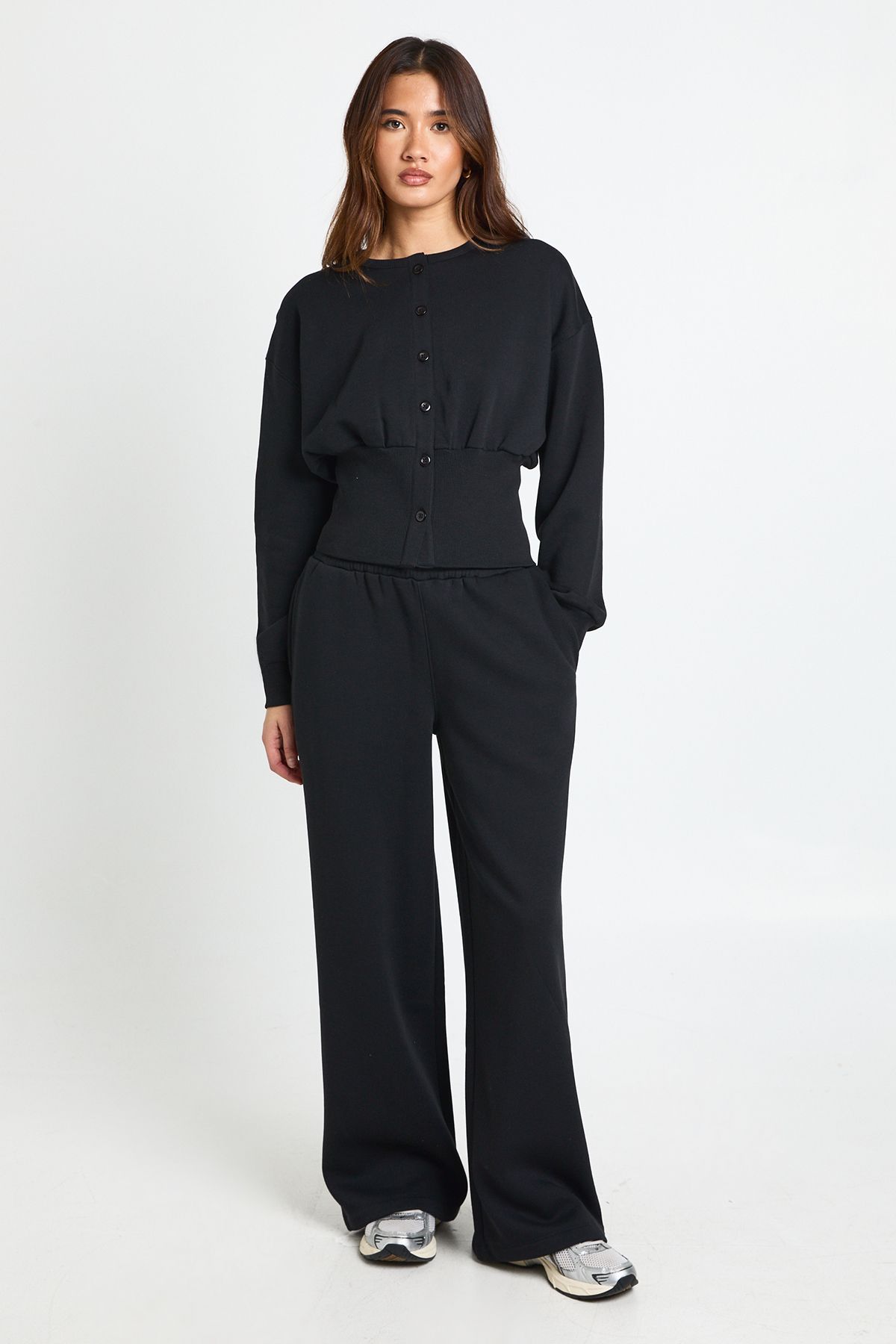 Cinched Waist Button Through Sweatshirt Tracksuit
