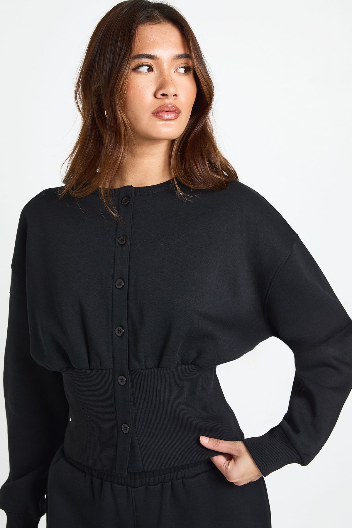 Cinched Waist Button Through Sweatshirt Tracksuit - Image 3