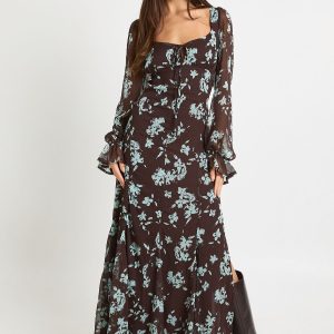 Floral Crinkle Chiffon Milkmaid Maxi Dress