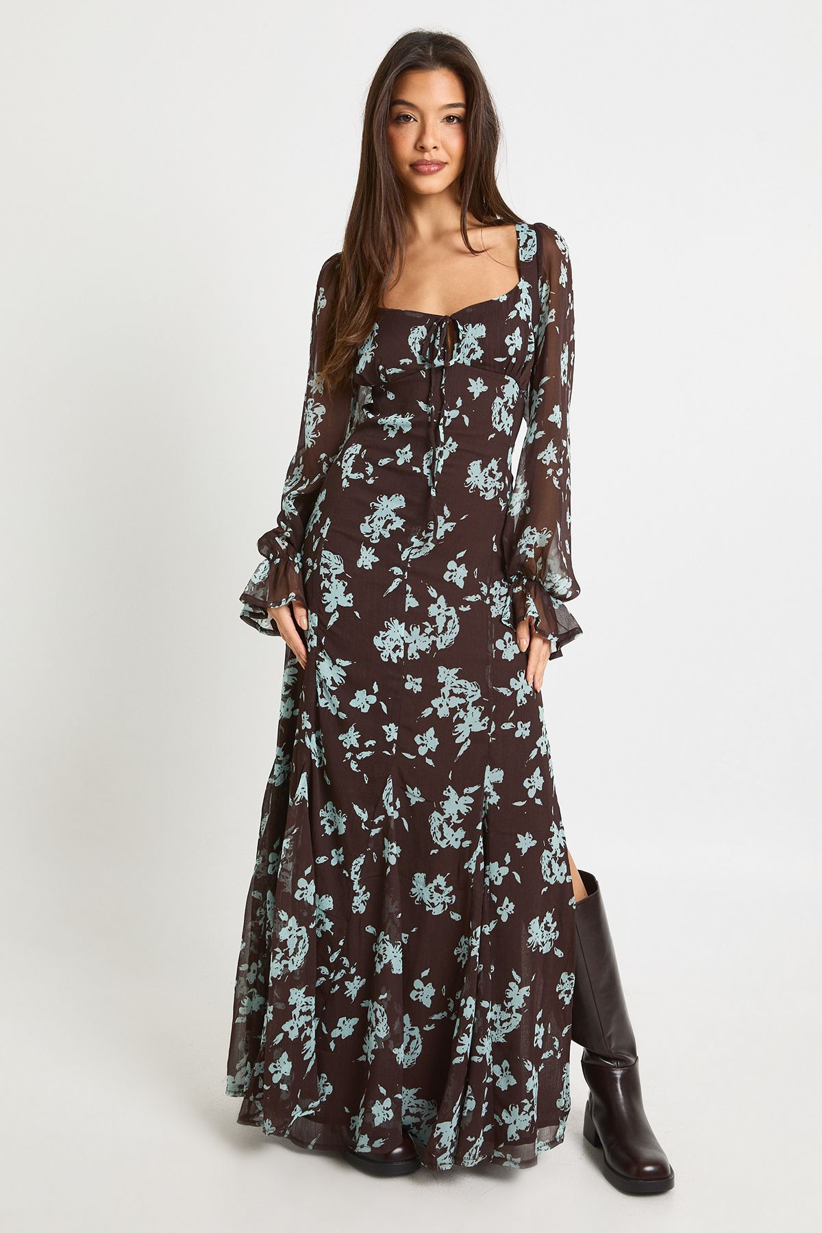 Floral Crinkle Chiffon Milkmaid Maxi Dress