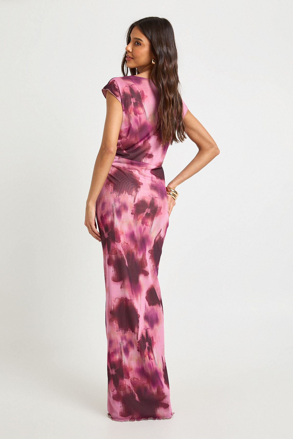 Blurred Floral Ruched Waist Mesh Maxi Dress - Image 2