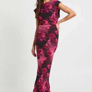 Mixed Floral Ruched Waist Mesh Maxi Dress