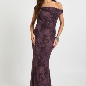 Floral Drape Shoulder Mesh Maxi Dress