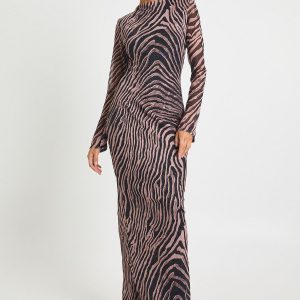 Zebra Printed Mesh Shoulder Pad Maxi Dress