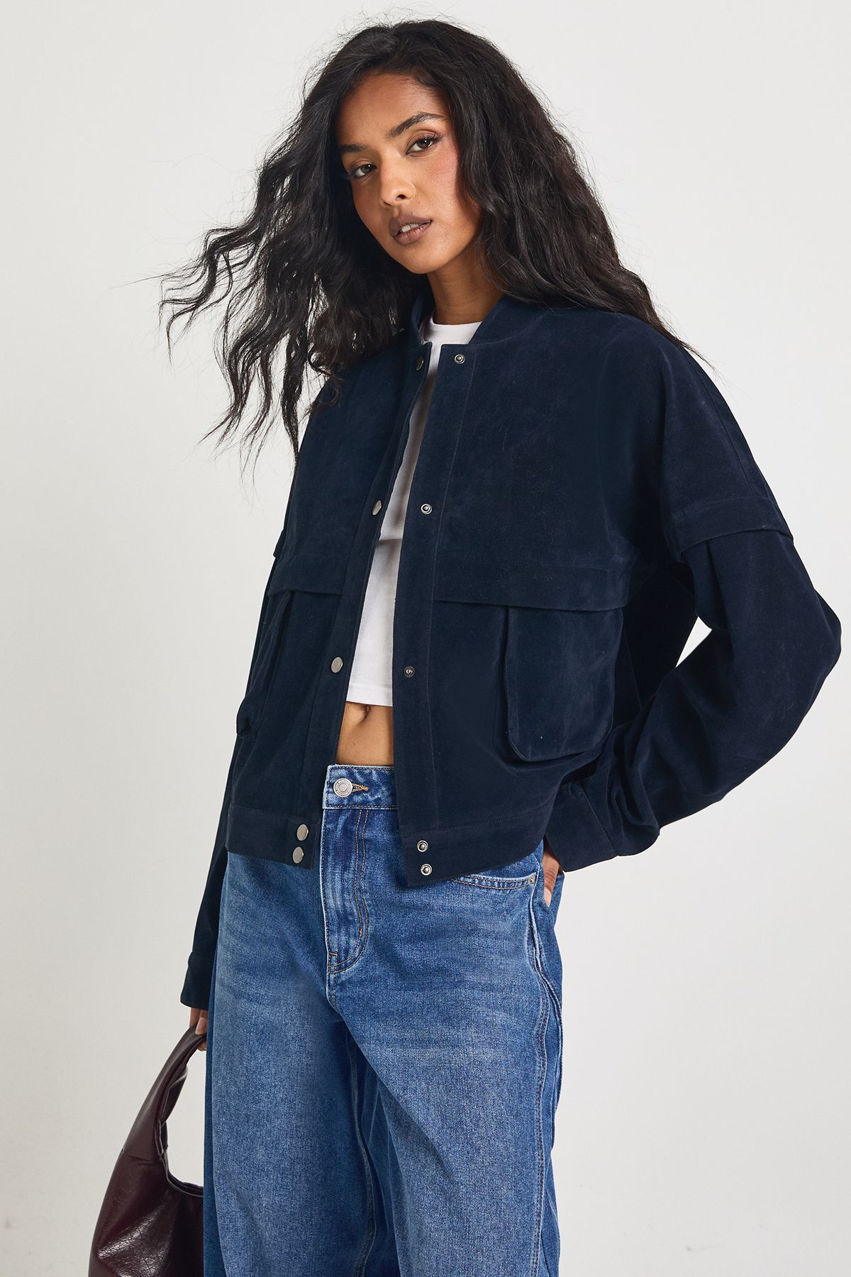 Boxy Faux Suede Bomber Jacket