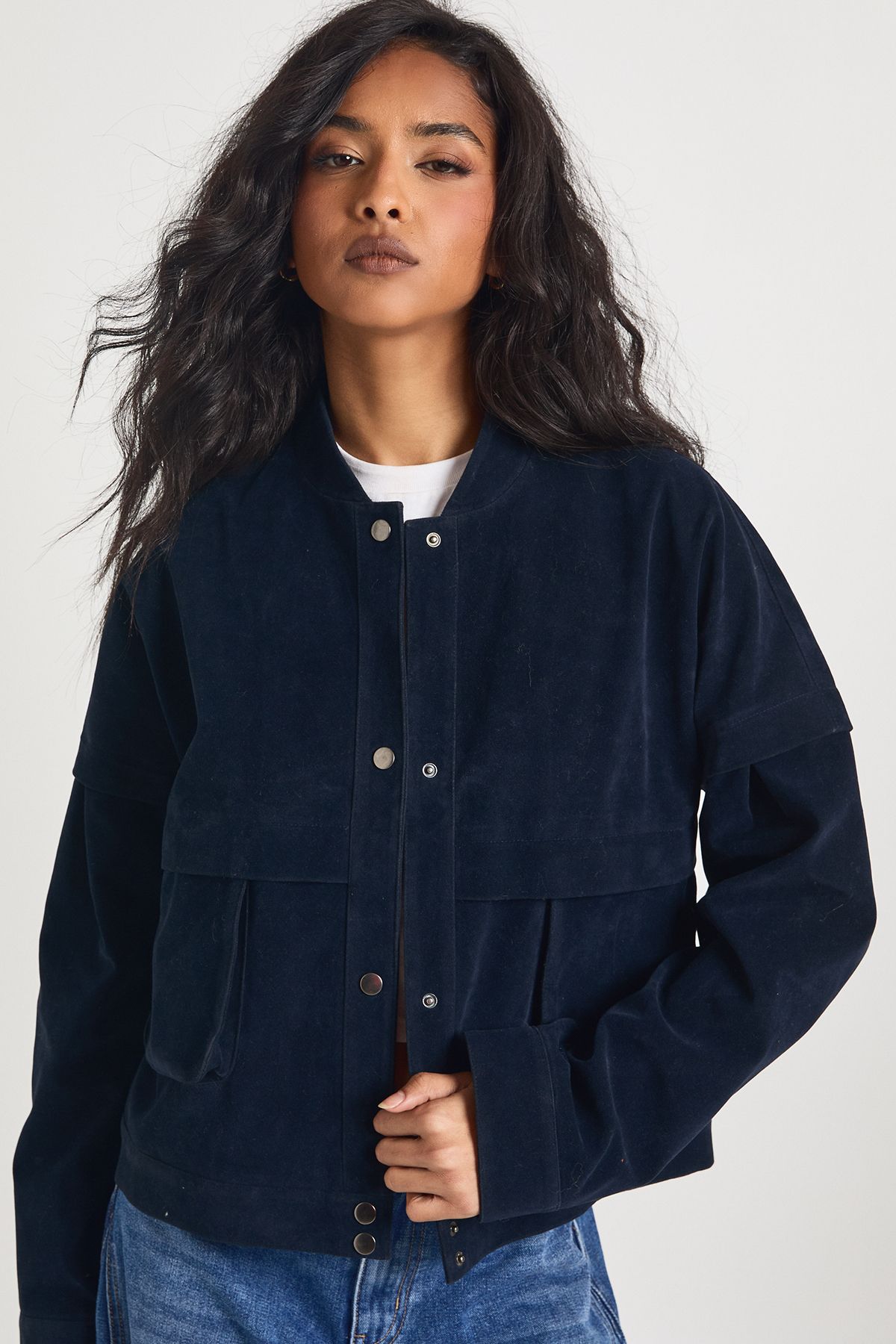Boxy Faux Suede Bomber Jacket - Image 4