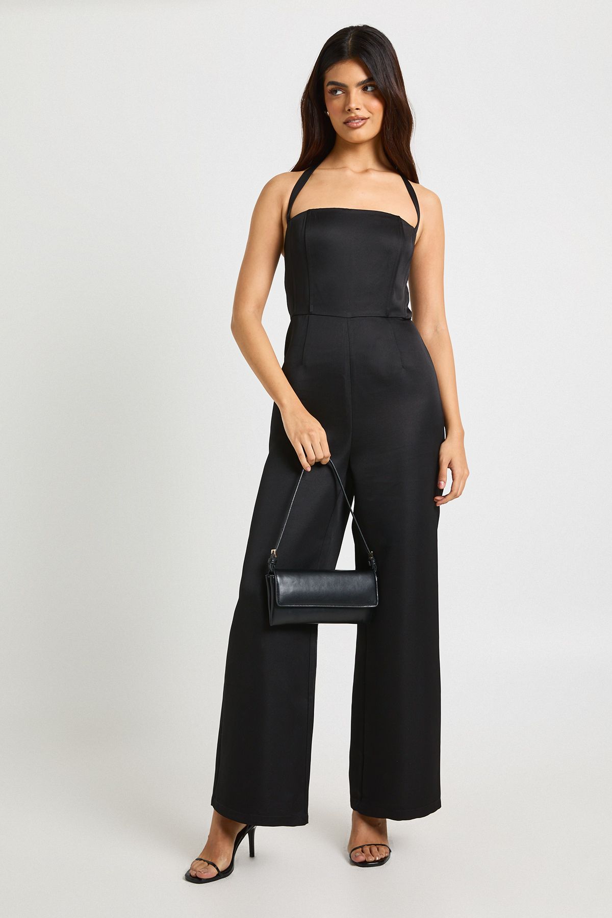 Premium Satin Boned Corset Halterneck Wide Leg Jumpsuit