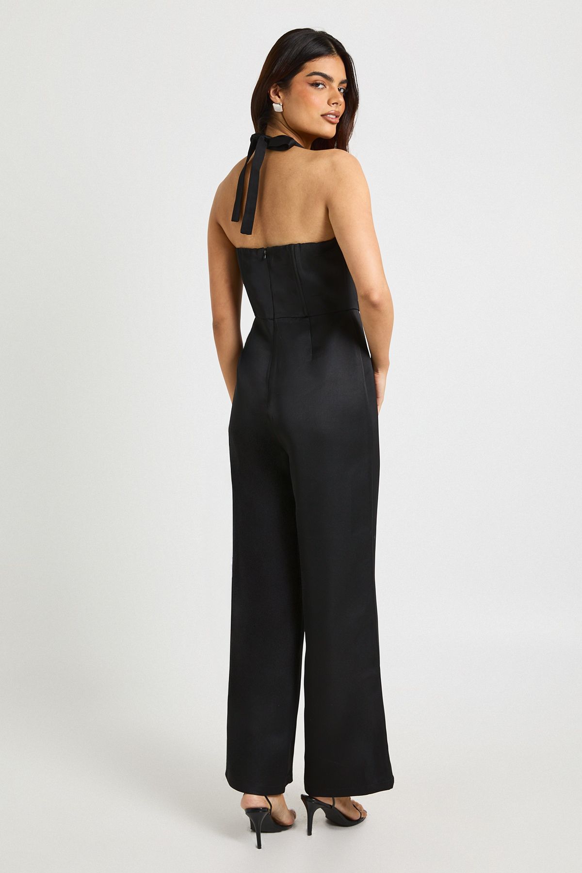 Premium Satin Boned Corset Halterneck Wide Leg Jumpsuit - Image 2