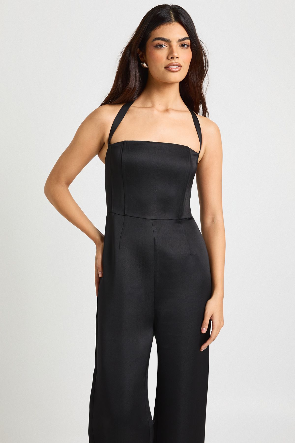 Premium Satin Boned Corset Halterneck Wide Leg Jumpsuit - Image 3