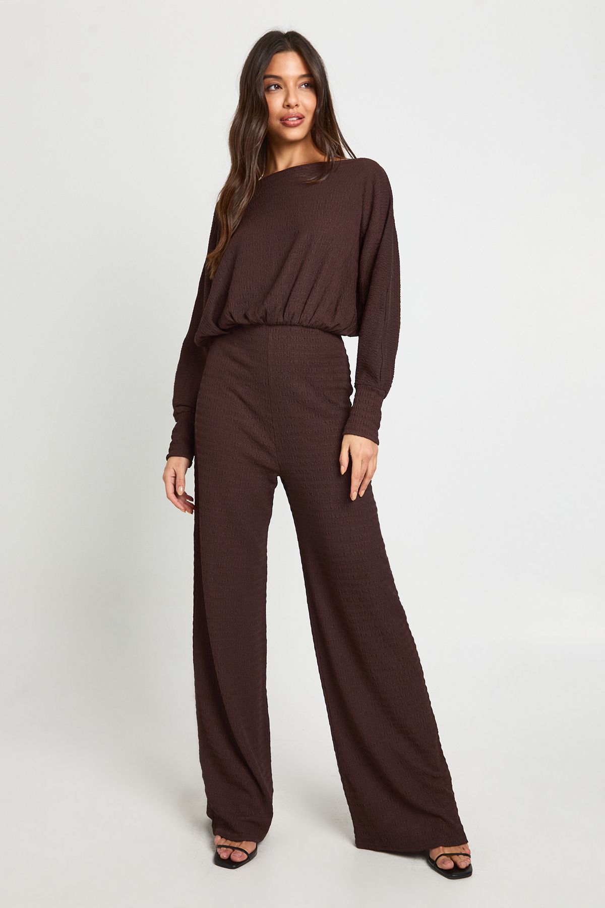 Cold Shoulder Wide Leg Textured Jumpsuit