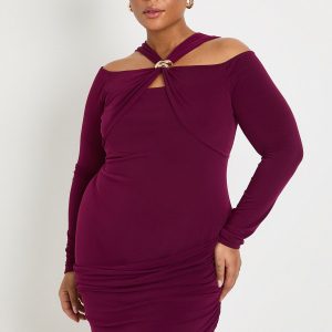 Plus Long Sleeve Halter Gold Trim Mini Dress
