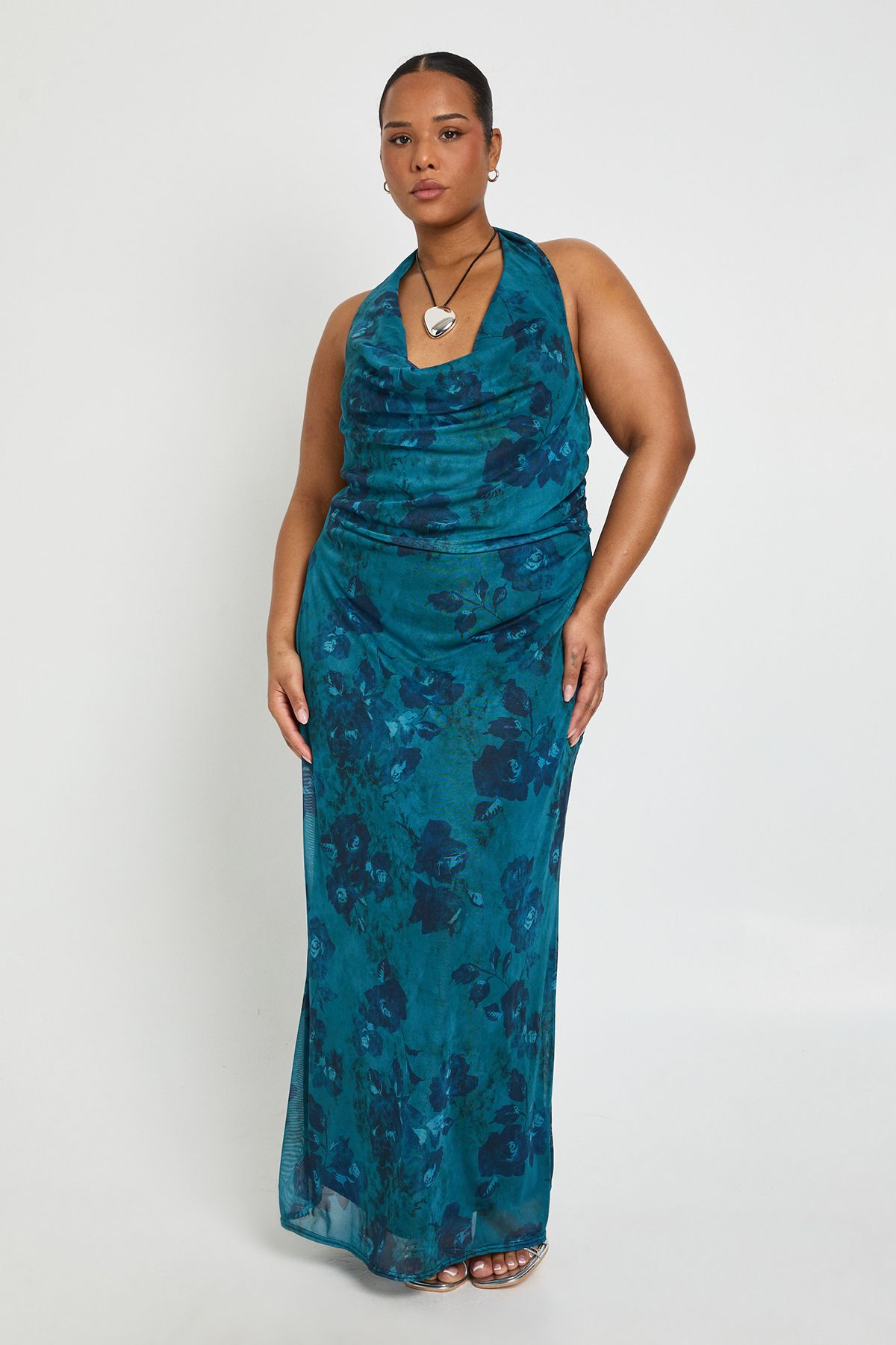 Plus Halter Cowl Ruched Side Midaxi Dress