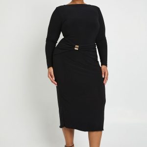 Plus Ruched Waist Gold Trim Midaxi Dress