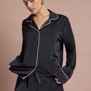 Satin Piping Detail Long Sleeve Shirt & Shorts Pyjama Set
