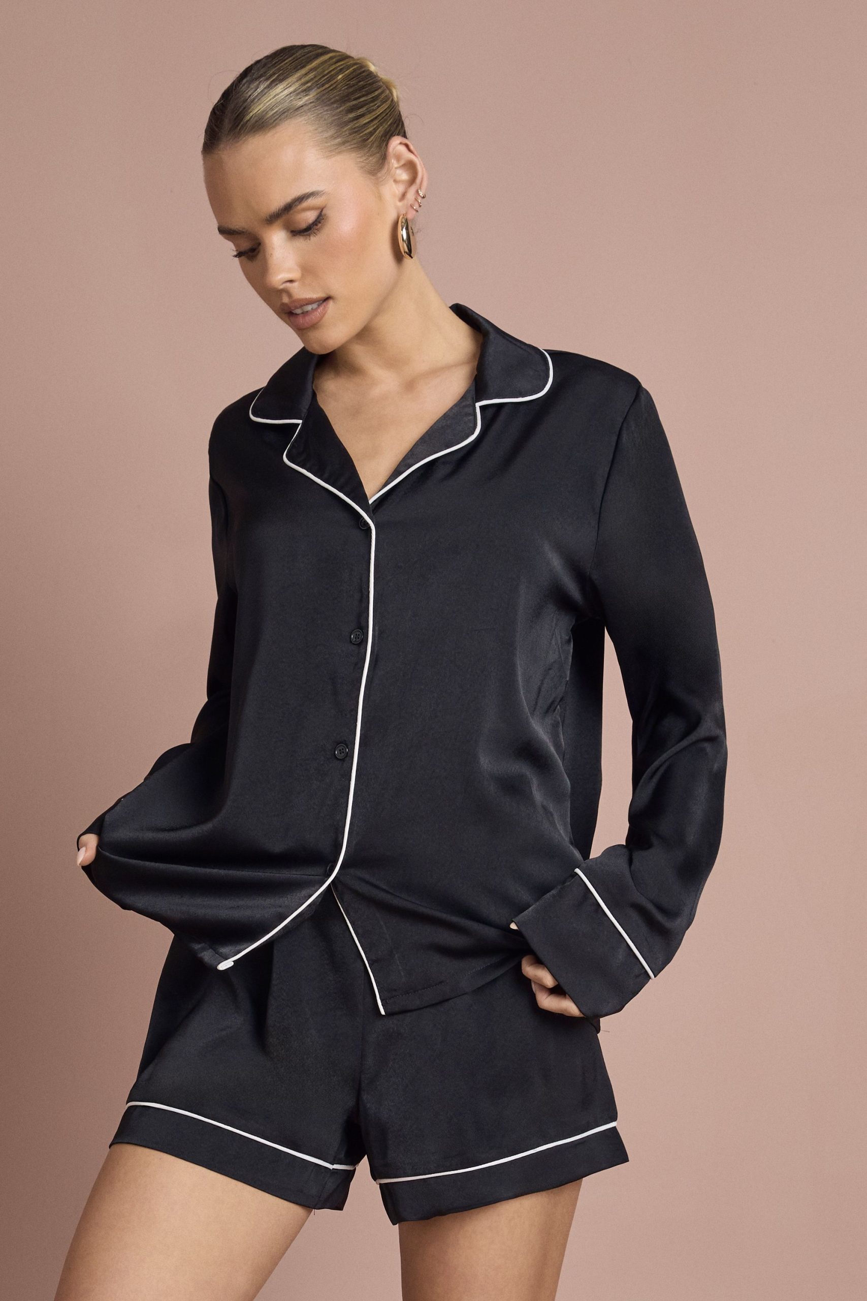 Satin Piping Detail Long Sleeve Shirt & Shorts Pyjama Set