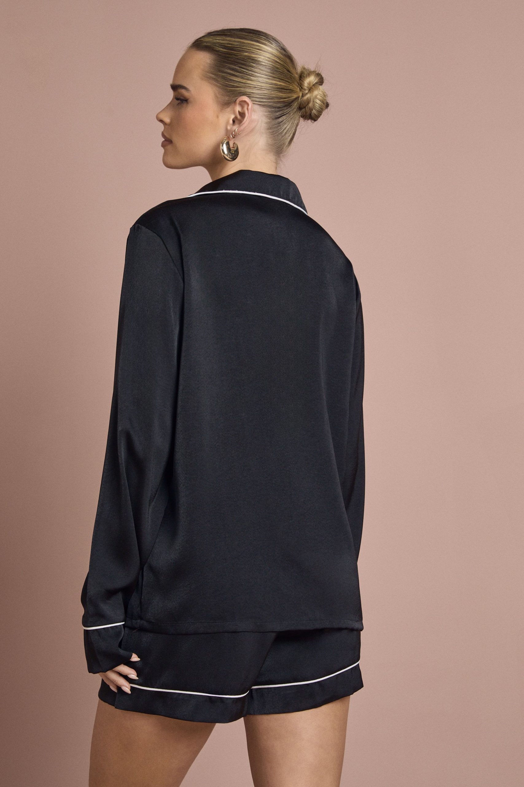 Satin Piping Detail Long Sleeve Shirt & Shorts Pyjama Set - Image 2