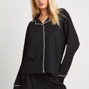 Jersey Piping Detail Long Sleeve Shirt & Shorts Pyjama Set