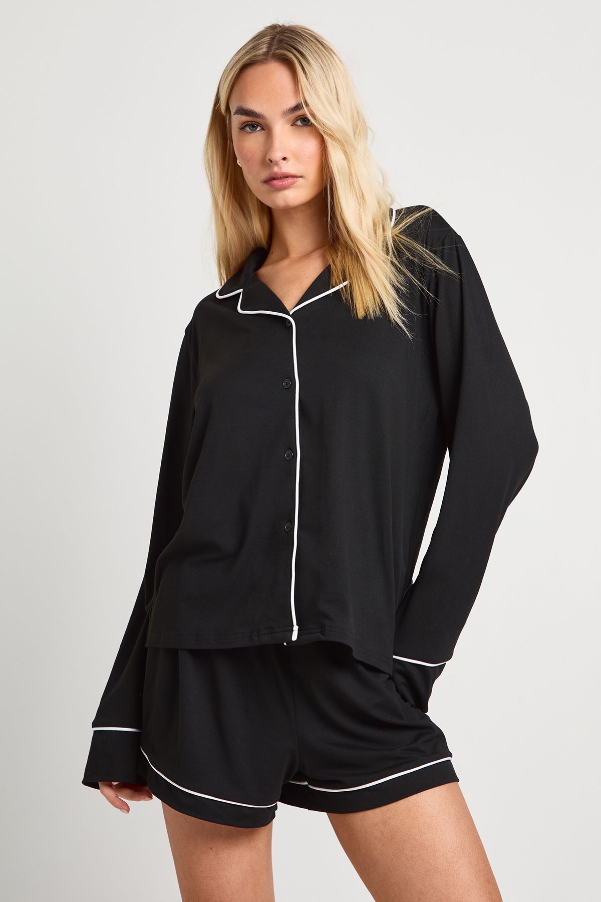 Jersey Piping Detail Long Sleeve Shirt & Shorts Pyjama Set