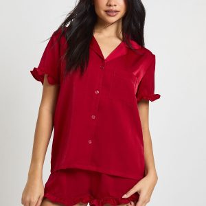 Satin Frill Detail Short Sleeve Shirt & Short Pyjama Set