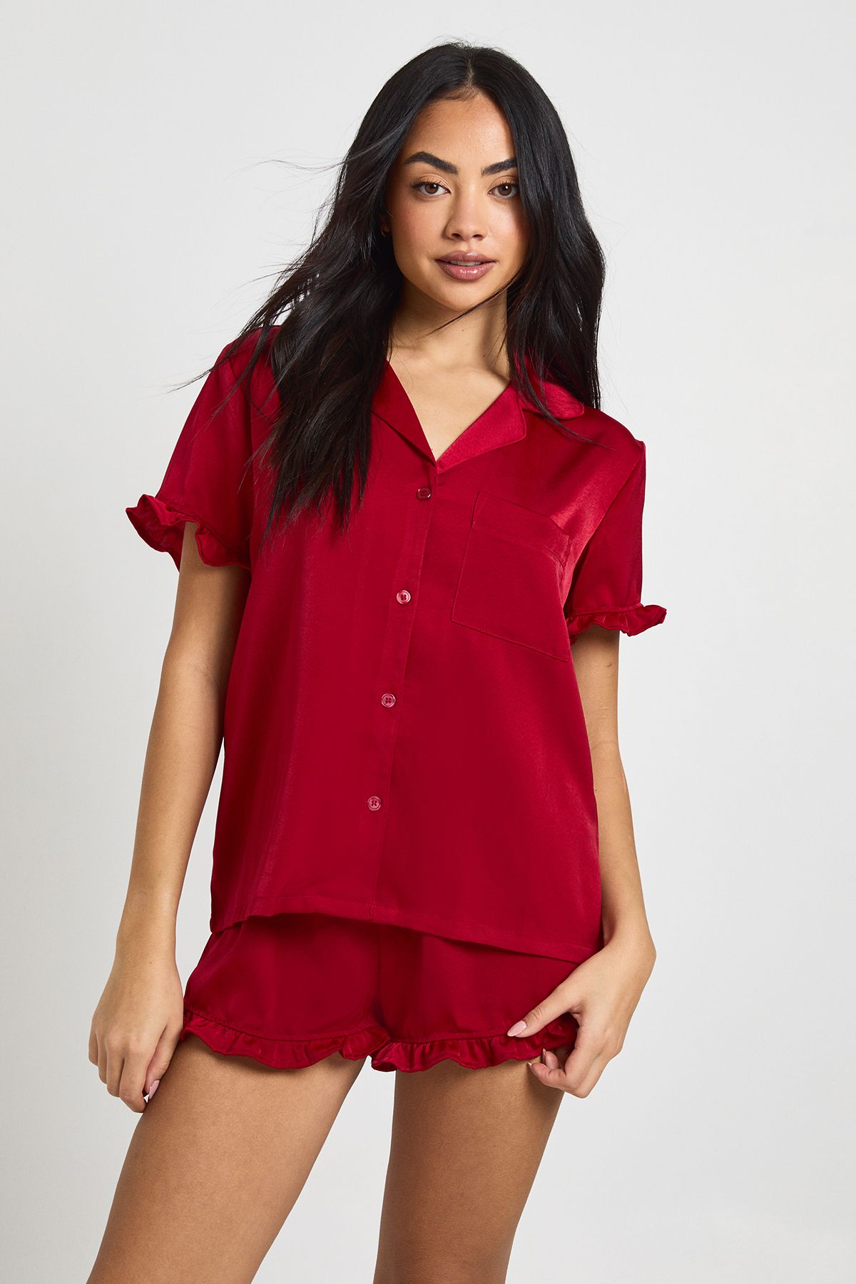 Satin Frill Detail Short Sleeve Shirt & Short Pyjama Set