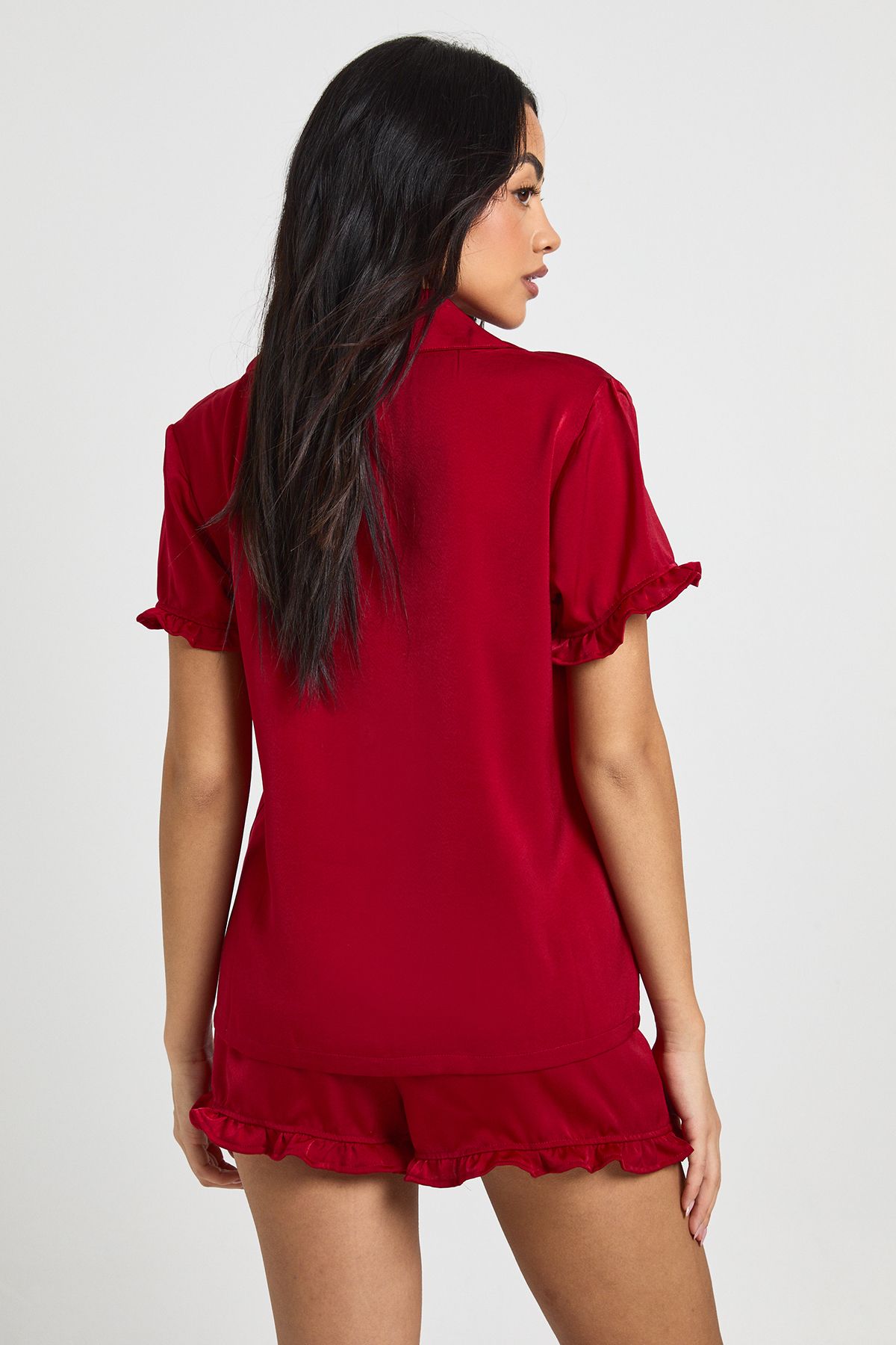 Satin Frill Detail Short Sleeve Shirt & Short Pyjama Set - Image 2
