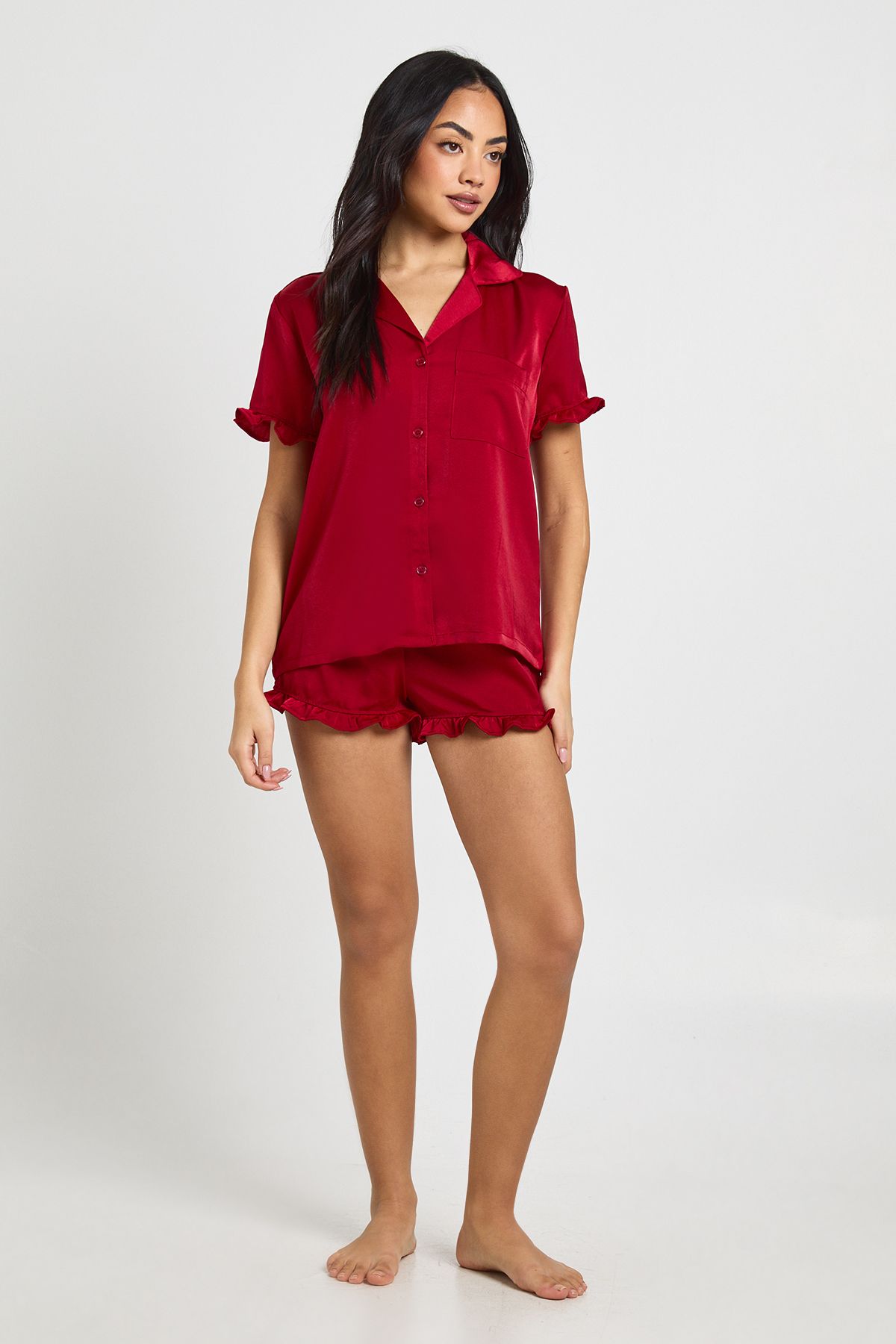 Satin Frill Detail Short Sleeve Shirt & Short Pyjama Set - Image 3