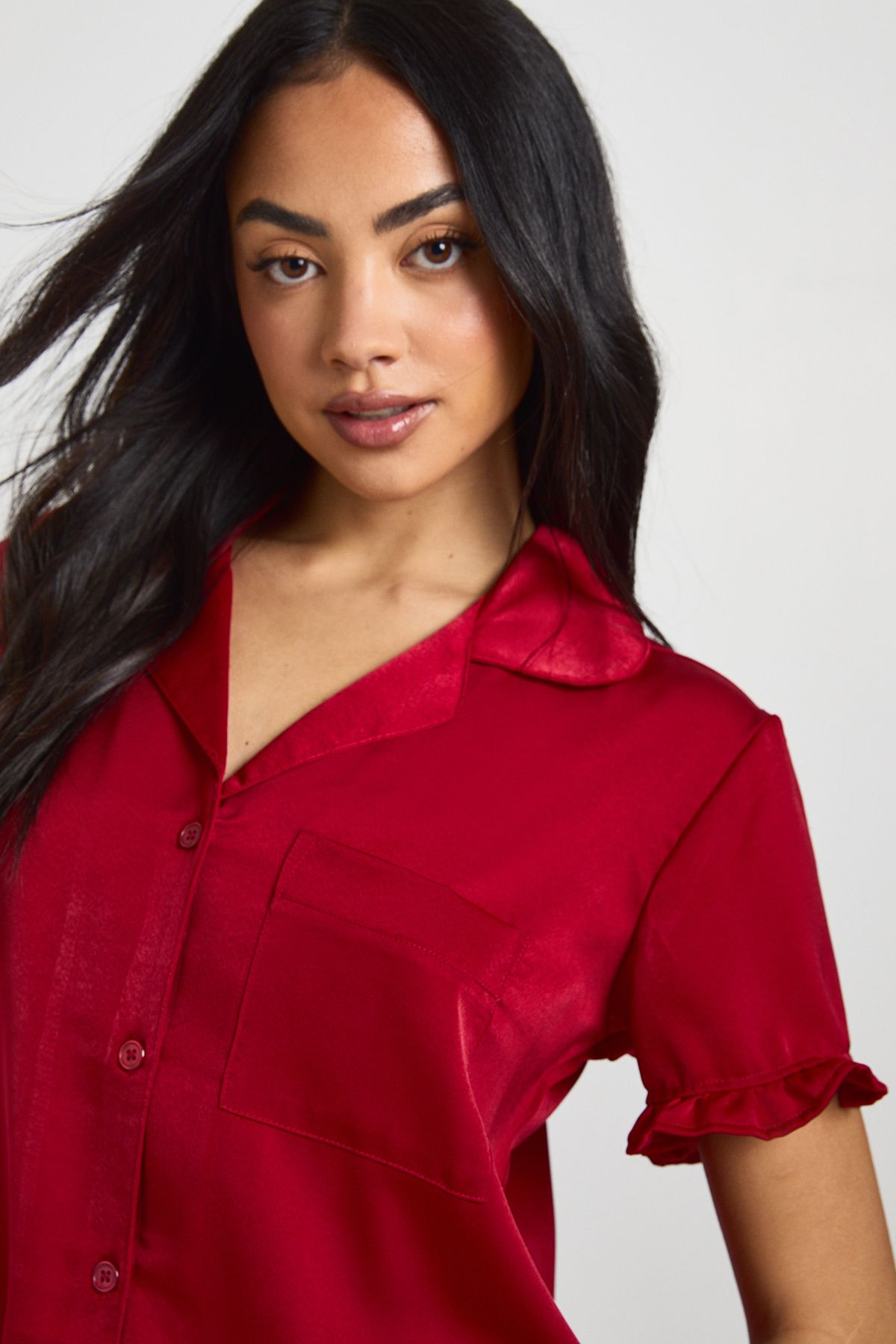 Satin Frill Detail Short Sleeve Shirt & Short Pyjama Set - Image 4