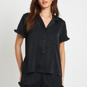 Satin Frill Detail Short Sleeve Shirt & Short Pyjama Set