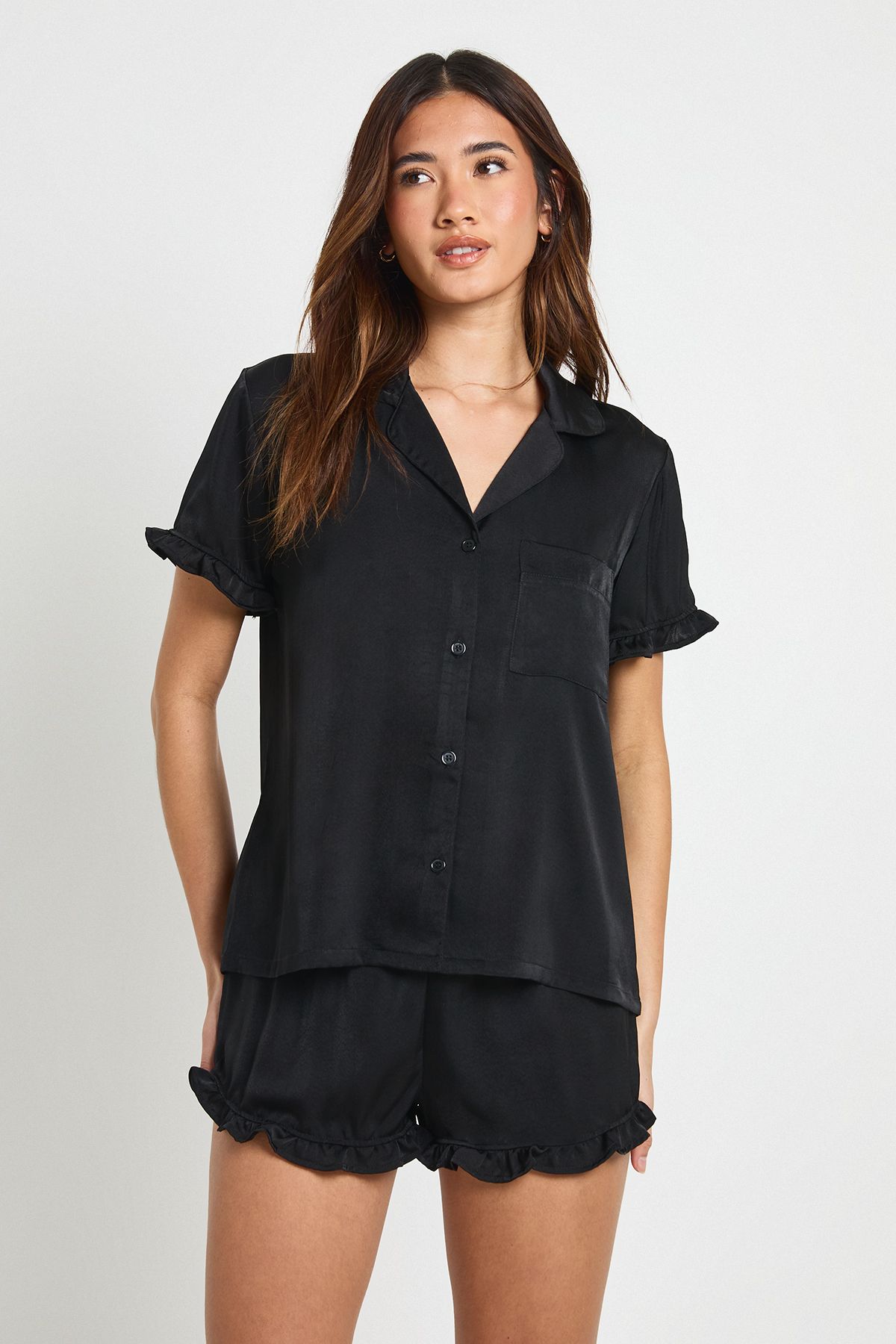 Satin Frill Detail Short Sleeve Shirt & Short Pyjama Set