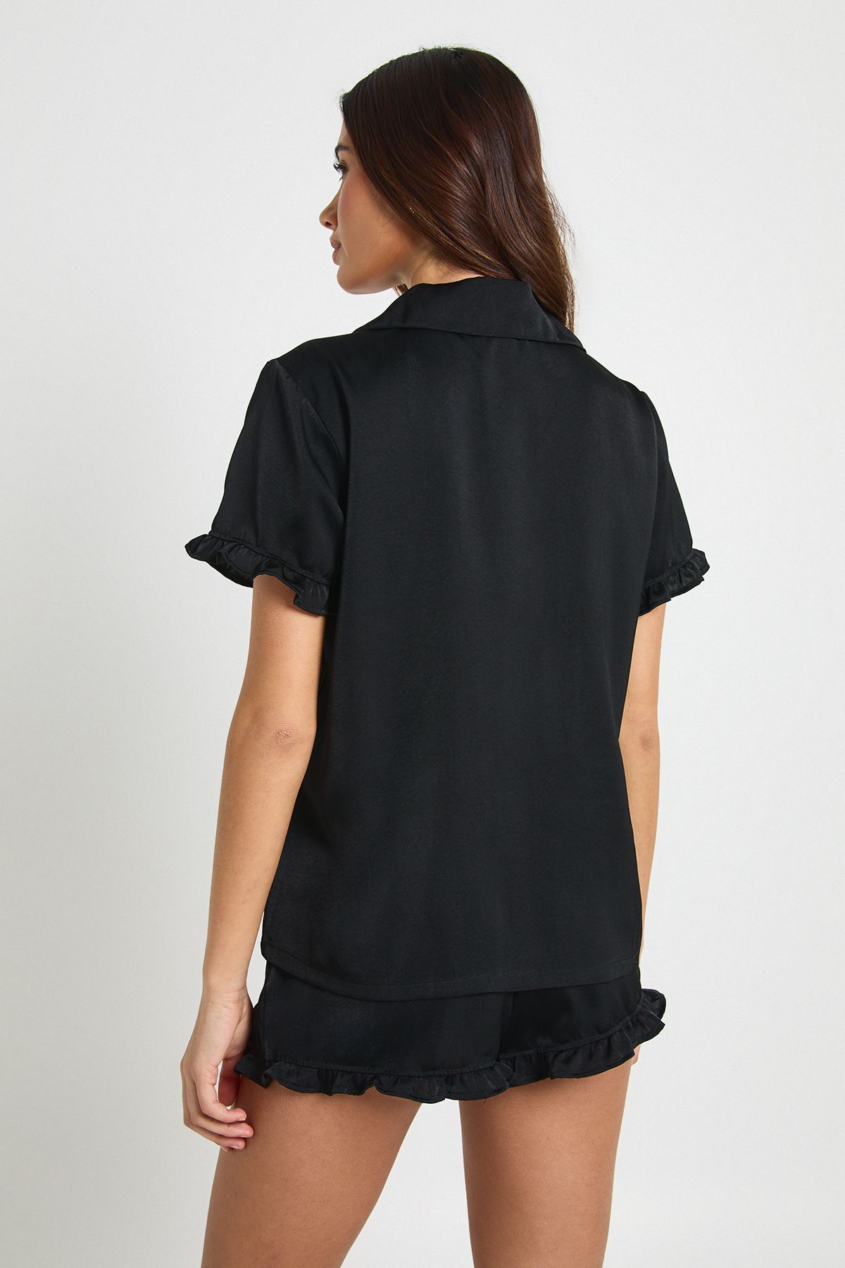 Satin Frill Detail Short Sleeve Shirt & Short Pyjama Set - Image 2