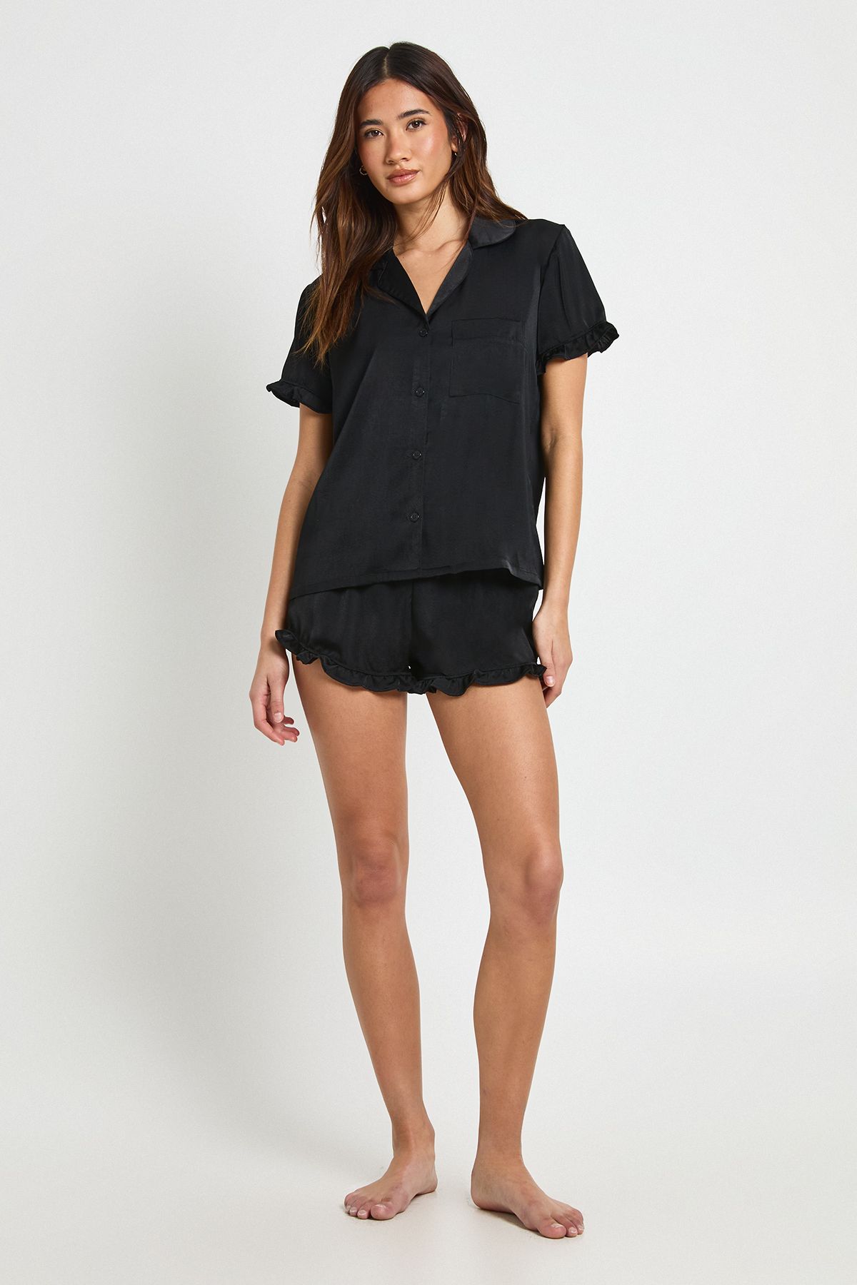 Satin Frill Detail Short Sleeve Shirt & Short Pyjama Set - Image 3