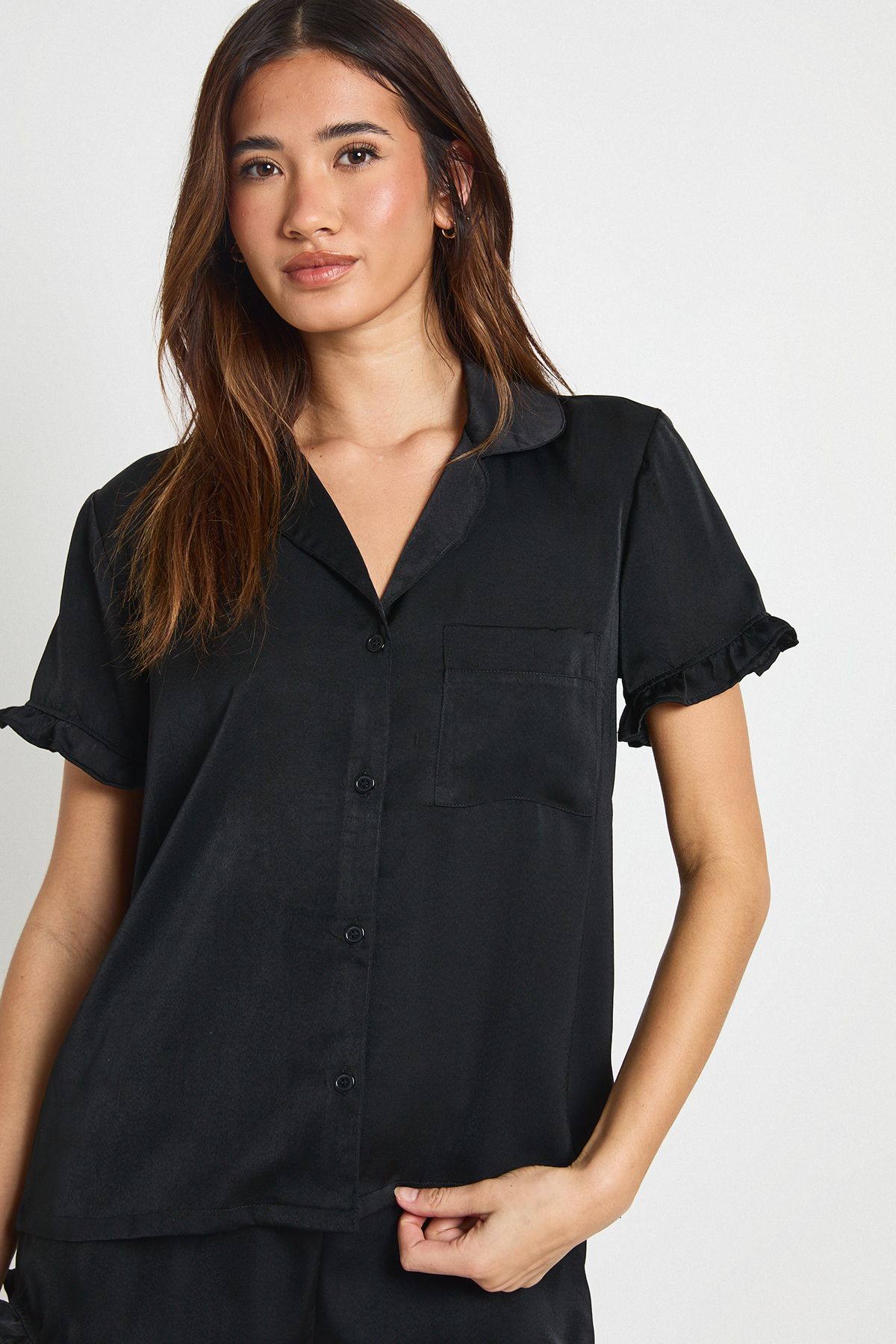 Satin Frill Detail Short Sleeve Shirt & Short Pyjama Set - Image 4