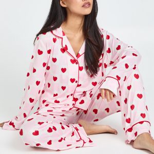 Petite Check and Heart Print Long Sleeve Shirt & Trouser Pyjama Set