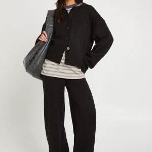 Crew Neck Knitted Boxy Cardigan and Wide Leg Trouser Co-Ord