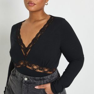 Plus Cotton Lace Trim Long Sleeve Bodysuit