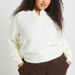 Plus Exposed Seam Henley Knitted Jumper