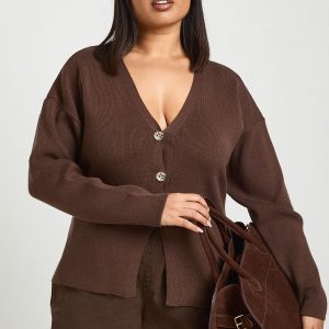 Plus Gold Button Split Hem Compact Knit Cardigan
