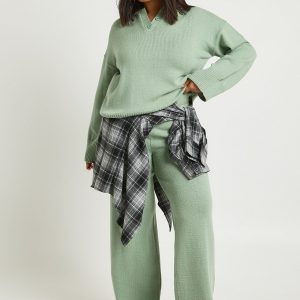 Plus Collared Button Down Jumper And Straight Leg Trouser Co-Ord