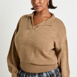 Plus Knitted Rib Hem Collared Jumper