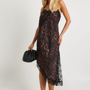 Leopard Lace Asymmetric Satin Slip Midaxi Dress